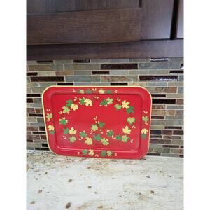 Vintage Serving Tray, Red Metal Lap, Maple Autumn Leaf, Fall Decor